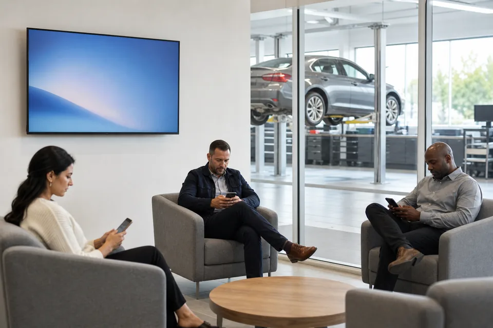 Car dealership service lounge with a wall TV and customers waiting while a car sits on a lift behind the glass