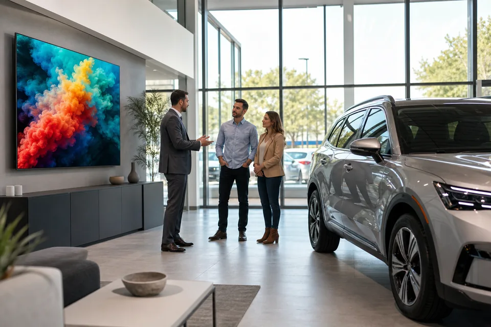 Car dealership showroom with a large wall display beside a new SUV on the floor