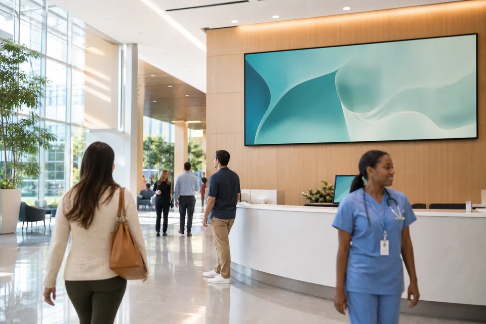 Hospital main lobby with a large wall display above the information desk and visitors walking past