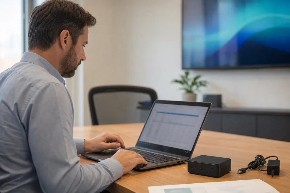 Operations manager comparing a digital signage quote on a laptop with a media player box on the desk