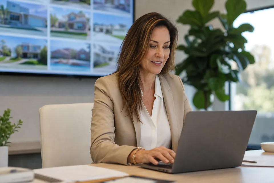 Real estate agent at a desk in a brokerage office with a wall screen behind her showing new listings
