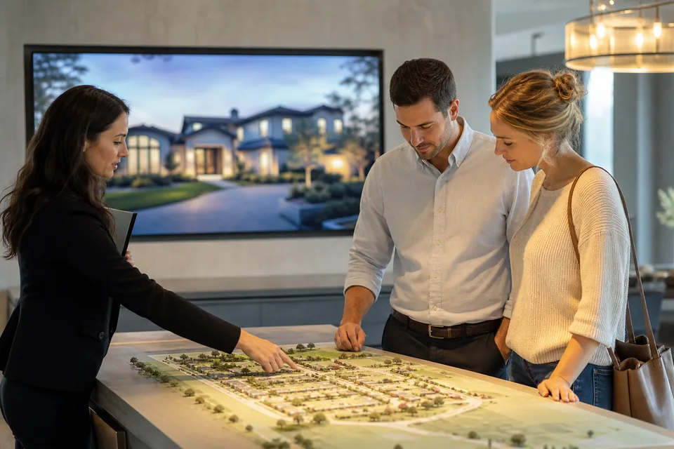 New home sales center with a large screen showing a model home photo next to a site plan table