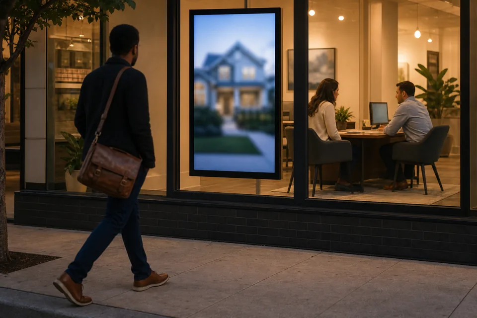 Real estate office storefront at dusk with a portrait screen in the window showing a home listing