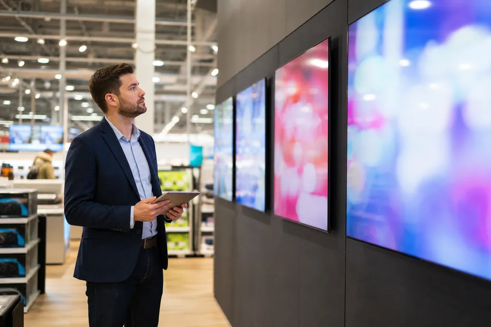 IT manager reviewing a row of commercial displays in a retail store before choosing a signage subscription