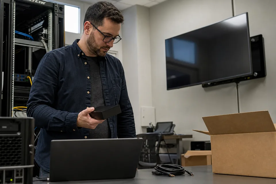 IT administrator holding a signage media player beside a workbench with cables and a laptop